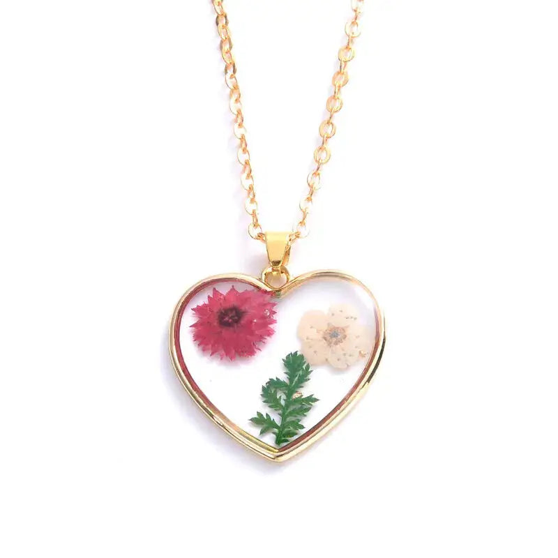 Heart Dried Natural Petal Epoxy Resin Necklace - Dark Pink.