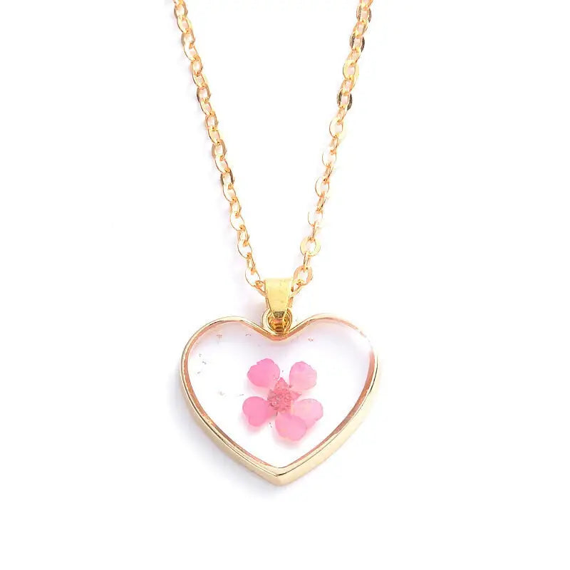 Heart Dried Natural Petal Epoxy Resin Necklace - Dark Pink