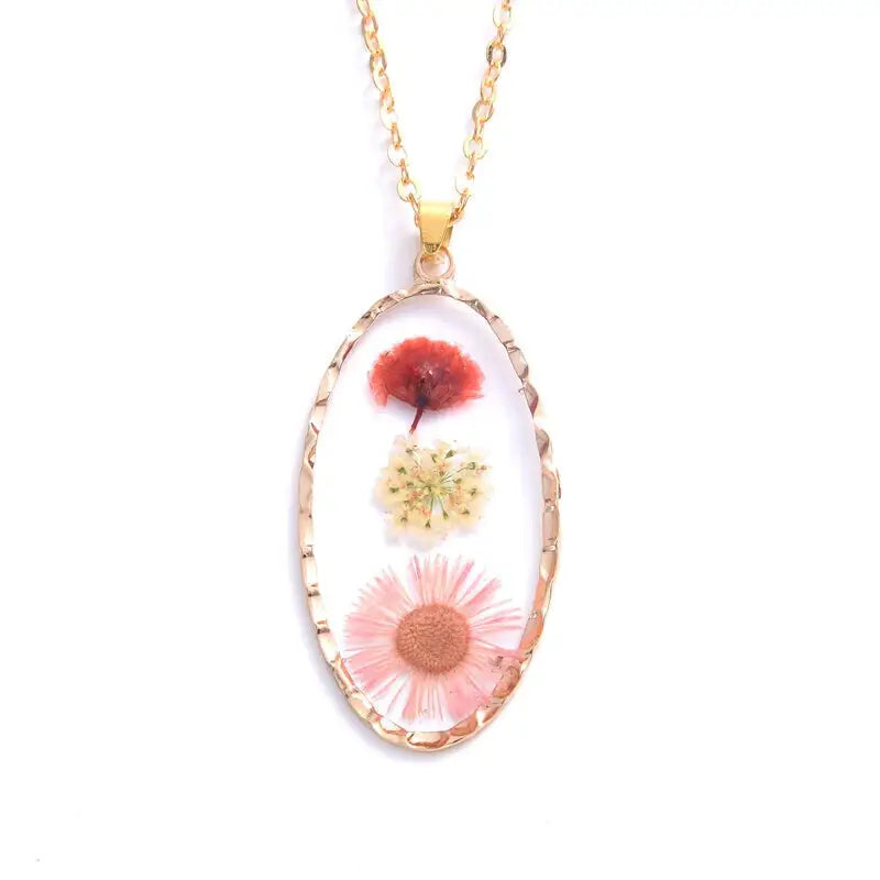 Heart Dried Natural Petal Epoxy Resin Necklace - Oval - Red
