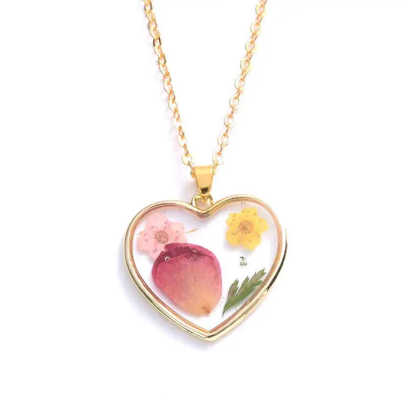Heart Dried Natural Petal Epoxy Resin Necklace - Pink.
