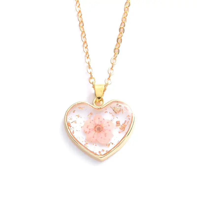 Heart Dried Natural Petal Epoxy Resin Necklace - Pink