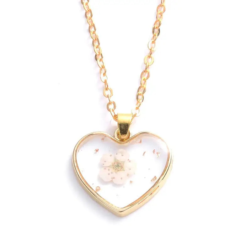 Heart Dried Natural Petal Epoxy Resin Necklace - White