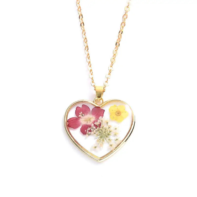 Heart Dried Natural Petal Epoxy Resin Necklace - Yellow.