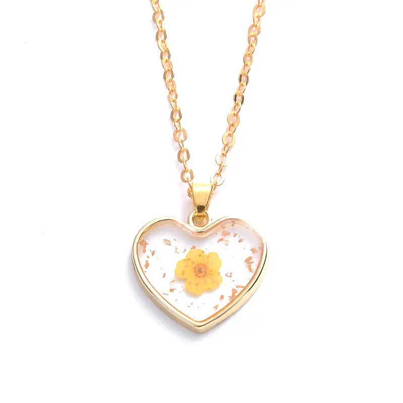 Heart Dried Natural Petal Epoxy Resin Necklace - Yellow
