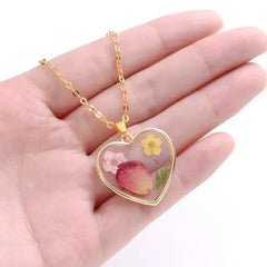 Heart Dried Natural Petal Resin Necklace