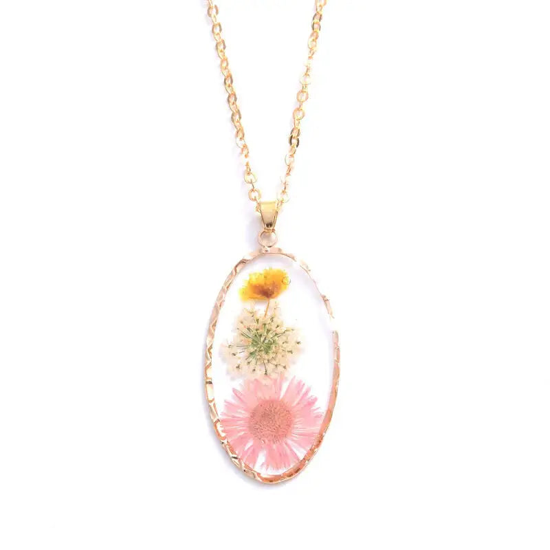 Heart Dried Natural Petal Resin Necklace Oval - Pink