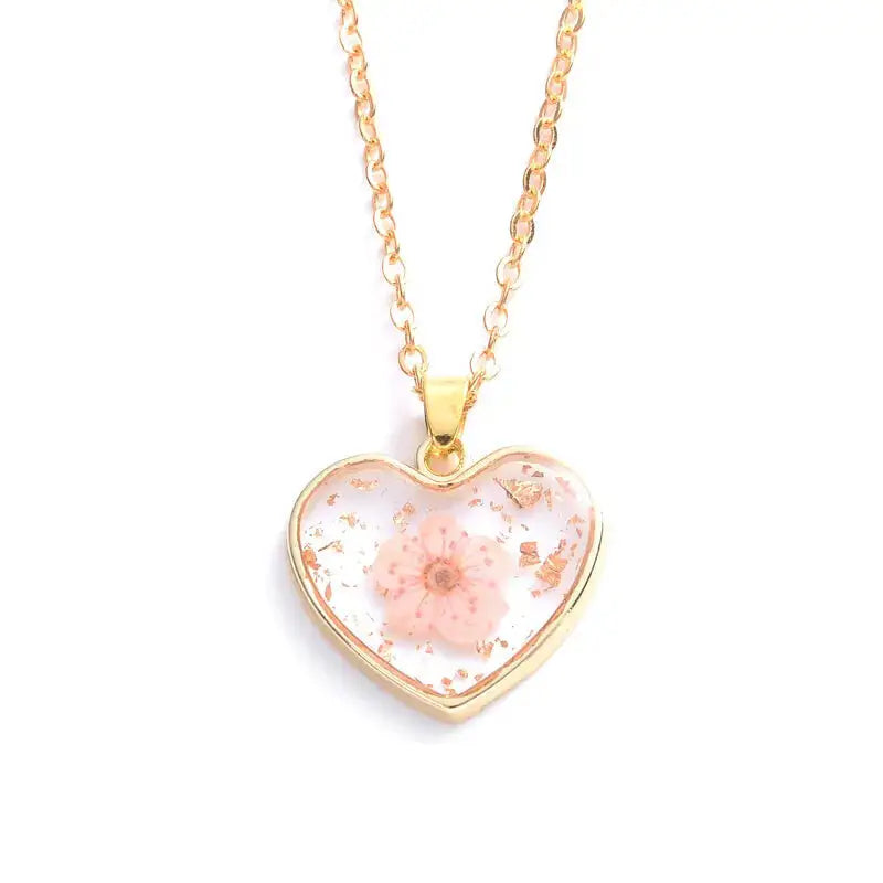 Heart Dried Natural Petal Resin Necklace - Pink