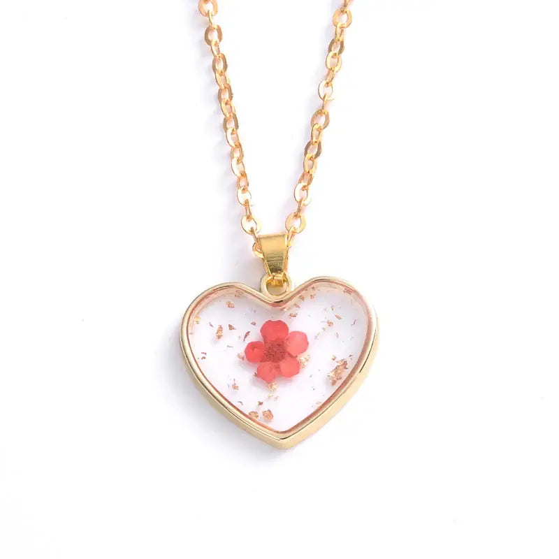 Heart Dried Natural Petal Resin Necklace - Red