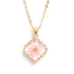 Heart Dried Natural Petal Resin Necklace Rhombus - Pink