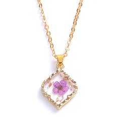 Heart Dried Natural Petal Resin Necklace Rhombus - Purple
