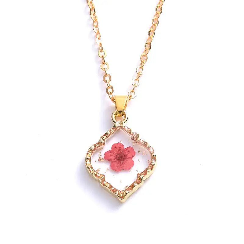 Heart Dried Natural Petal Resin Necklace Rhombus - Red