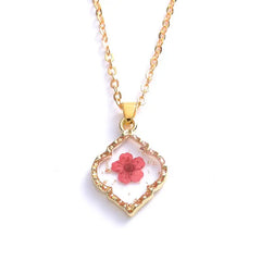 Heart Dried Natural Petal Resin Necklace Rhombus - Red