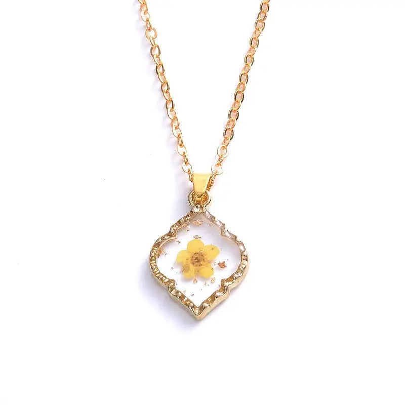 Heart Dried Natural Petal Resin Necklace Rhombus - Yellow