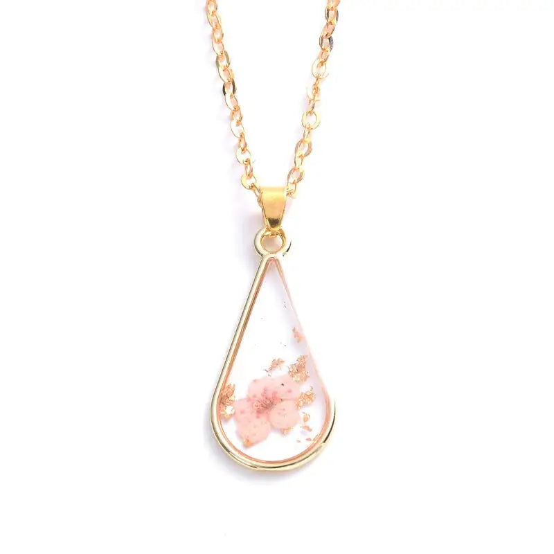 Heart Dried Natural Petal Resin Necklace Water - Pink