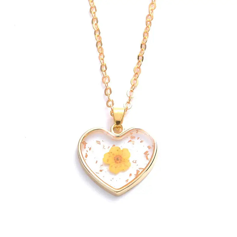 Heart Dried Natural Petal Resin Necklace - Yellow