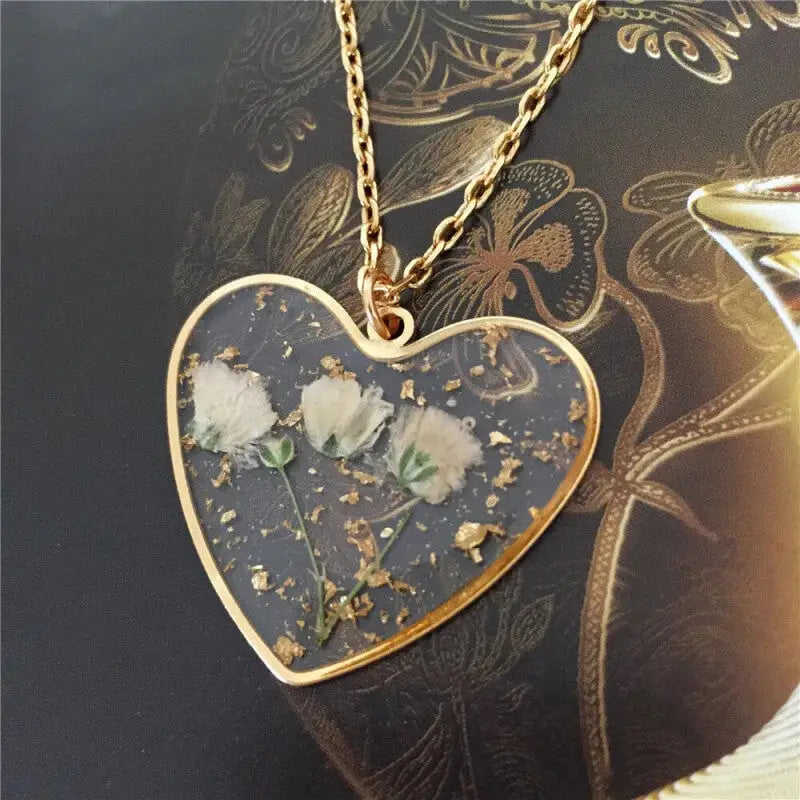 Heart Dry Flower Necklace with Real Dried Flowers Gold