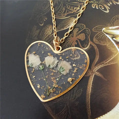 Heart Dry Flower Necklace with Real Dried Flowers Gold