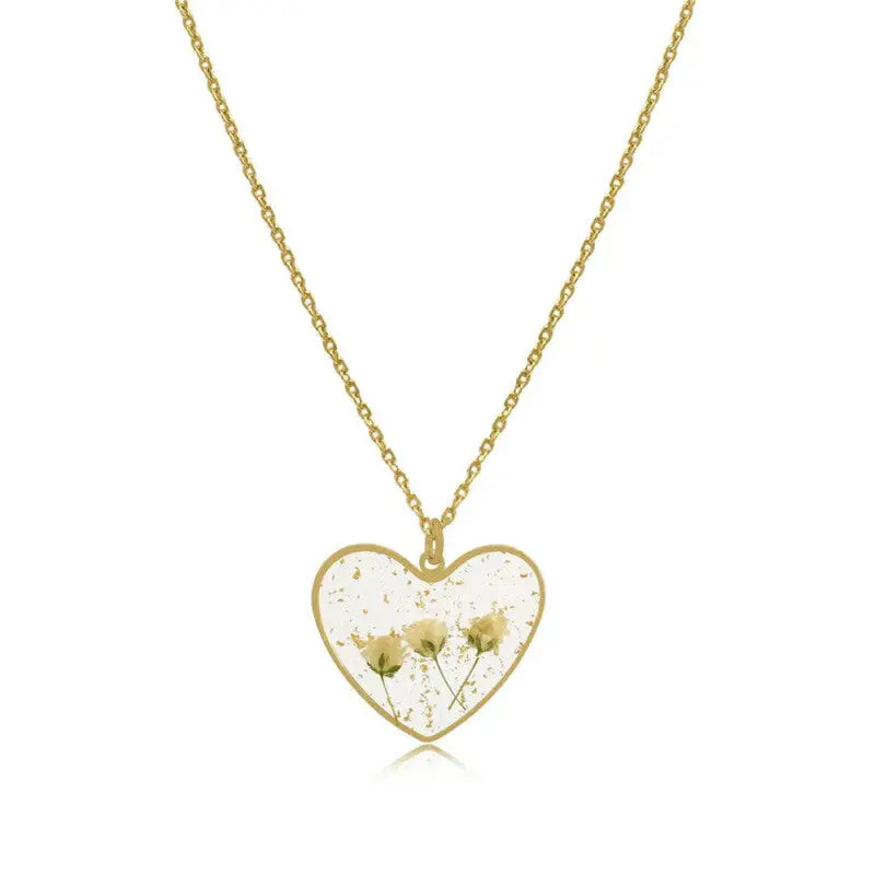 Heart Dry Flower Necklace with Real Dried Flowers Gold