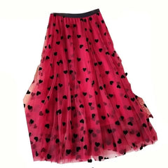 Heart Flocking Mesh Big Hem High Waist Tulle Skirt - Red