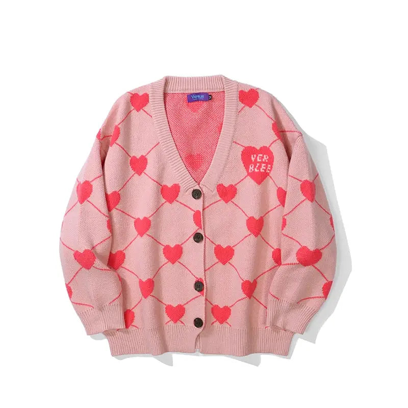 Heart Knitted Loose V Neck Cardigan - Pink / S - Cardigans