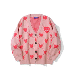 Heart Knitted Loose V Neck Cardigan - Pink / S - Cardigans