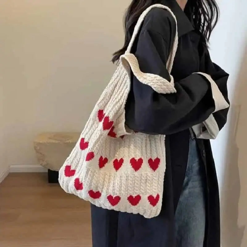 Heart Knitted Shoulder Handle Tote Bag Beige Red