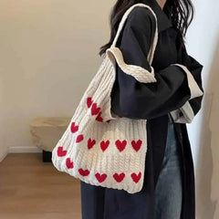 Heart Knitted Shoulder Handle Tote Bag Beige Red
