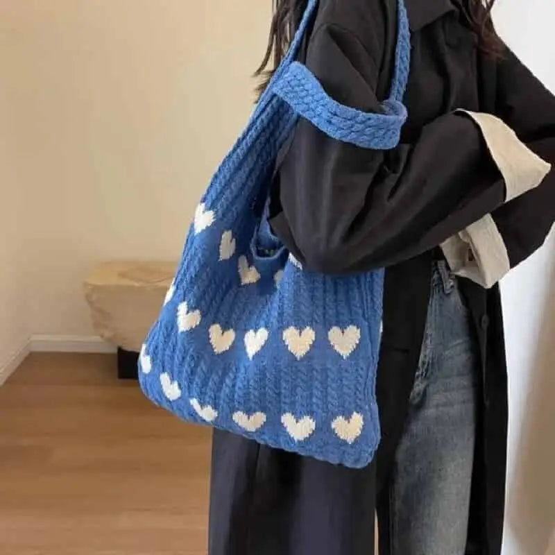 Heart Knitted Shoulder Handle Tote Bag Blue White