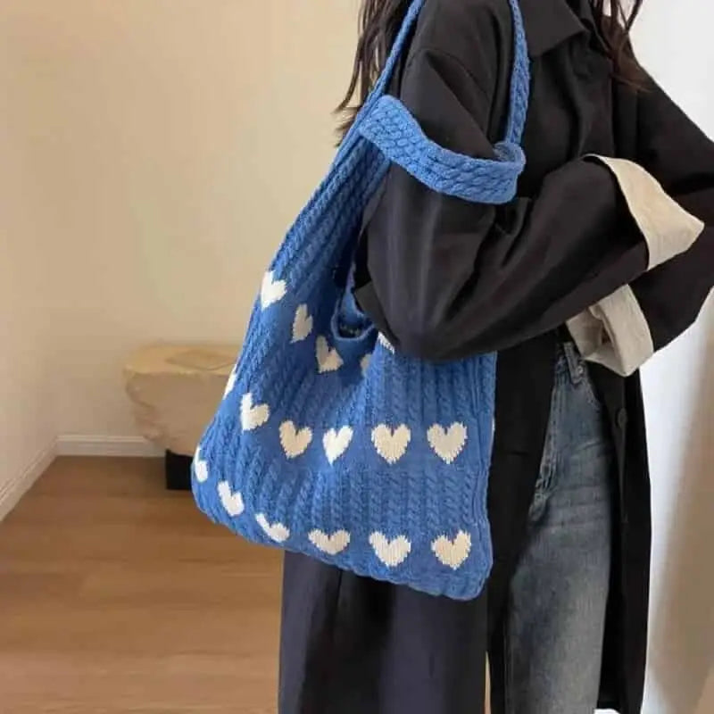Heart Knitted Shoulder Handle Tote Bag