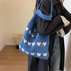 Heart Knitted Shoulder Handle Tote Bag