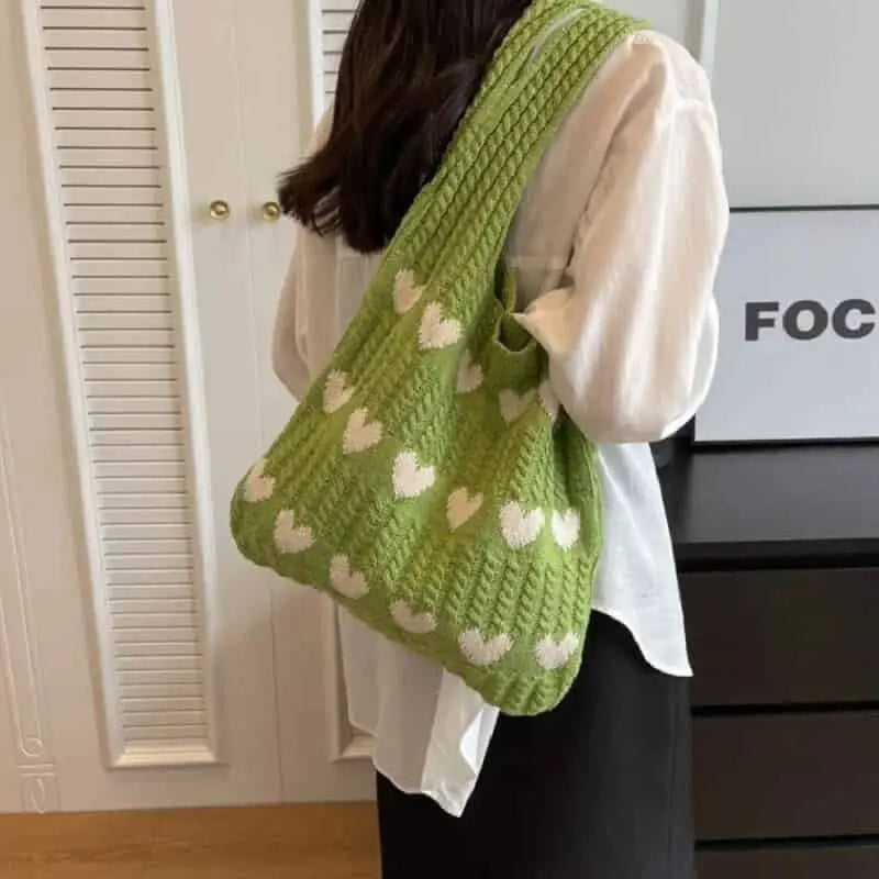 Heart Knitted Shoulder Handle Tote Bag