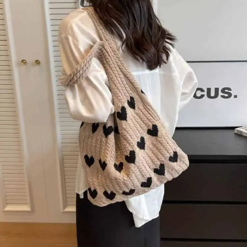 Heart Knitted Shoulder Handle Tote Bag