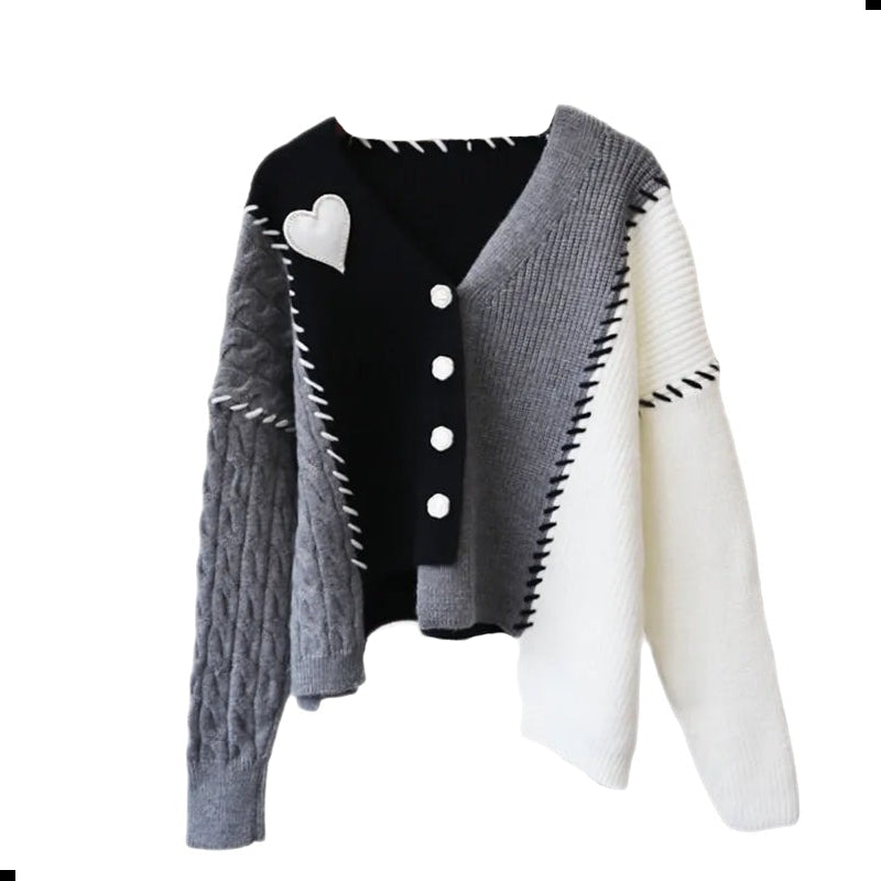 Heart Knitted Single Breasted Cardigan Sweaters - Grey / One