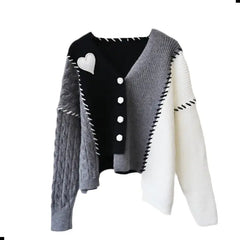 Heart Knitted Single Breasted V Neck Cardigan Sweater Grey