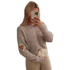 Heart O Neck Knit Long Sleeve Pullover Sweater - Brown / S