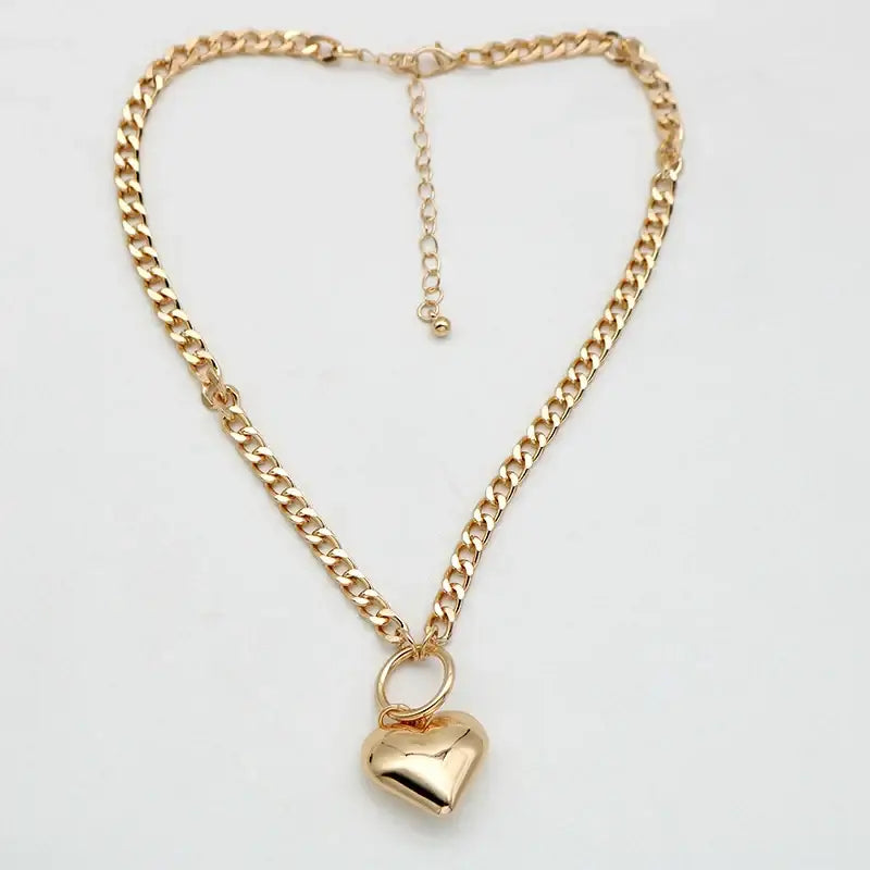 Heart Pendant Metal Chain Style Choker Necklaces - Gold
