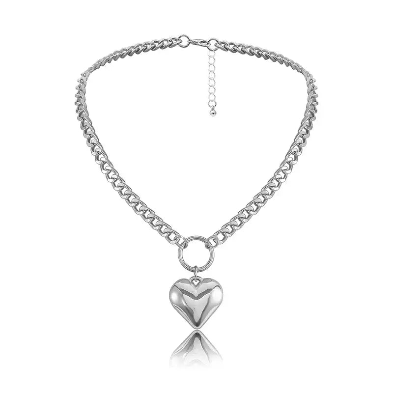 Heart Pendant Metal Chain Style Choker Necklaces - Silver