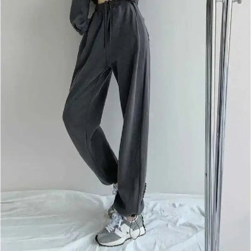 Heart Solid Color High Waist Baggy Sweatpants - Grey / S