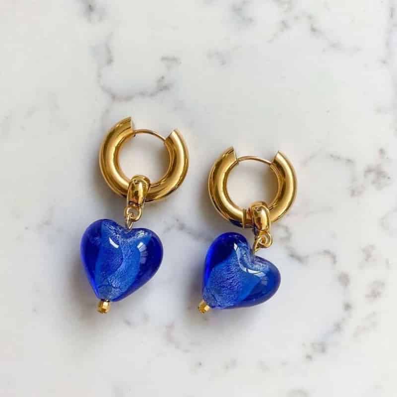 Heart Stainless Steel Dangle Hoop Earring Blue
