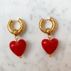 Heart Stainless Steel Dangle Hoop Earring Red