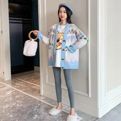 Heart Stripe Knitted Cardigan Sweater for Women Blue