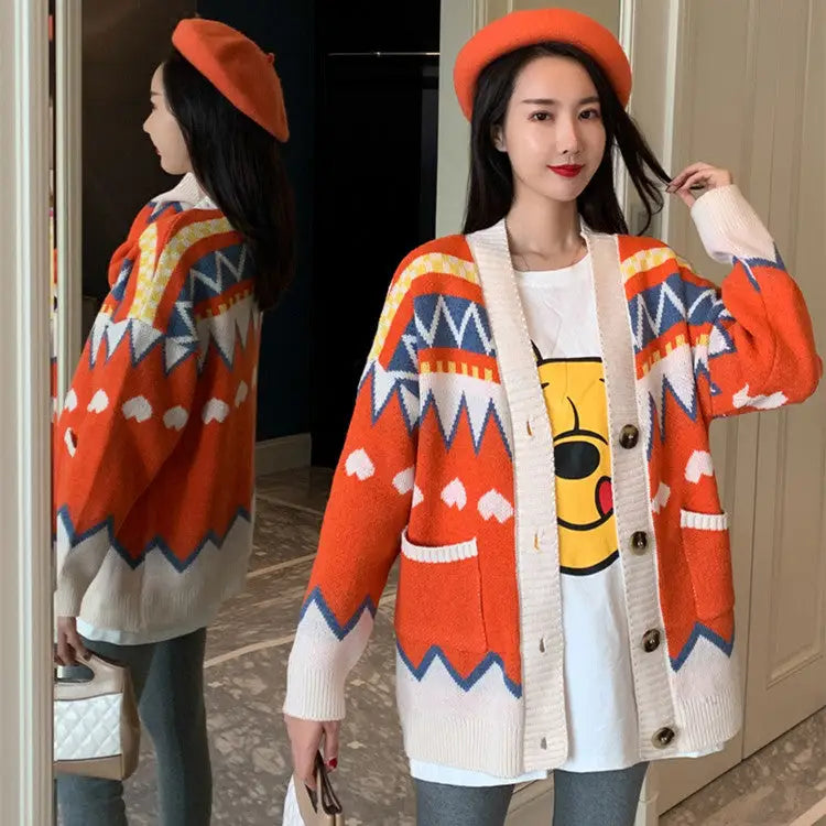 Heart Stripe Knitted Cardigan Sweater for Women Orange
