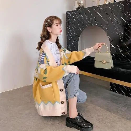 Heart Stripe Knitted Cardigan Sweater for Women Yellow