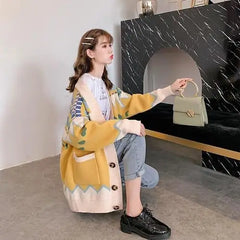 Heart Stripe Knitted Cardigan Sweater for Women Yellow