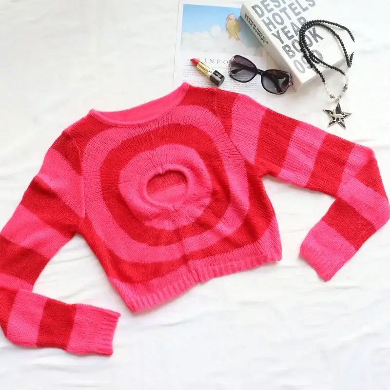 Heart Striped Y2k Long Sleeve Sweatshirt Red / S
