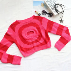 Heart Striped Y2k Long Sleeve Sweatshirt Red / S