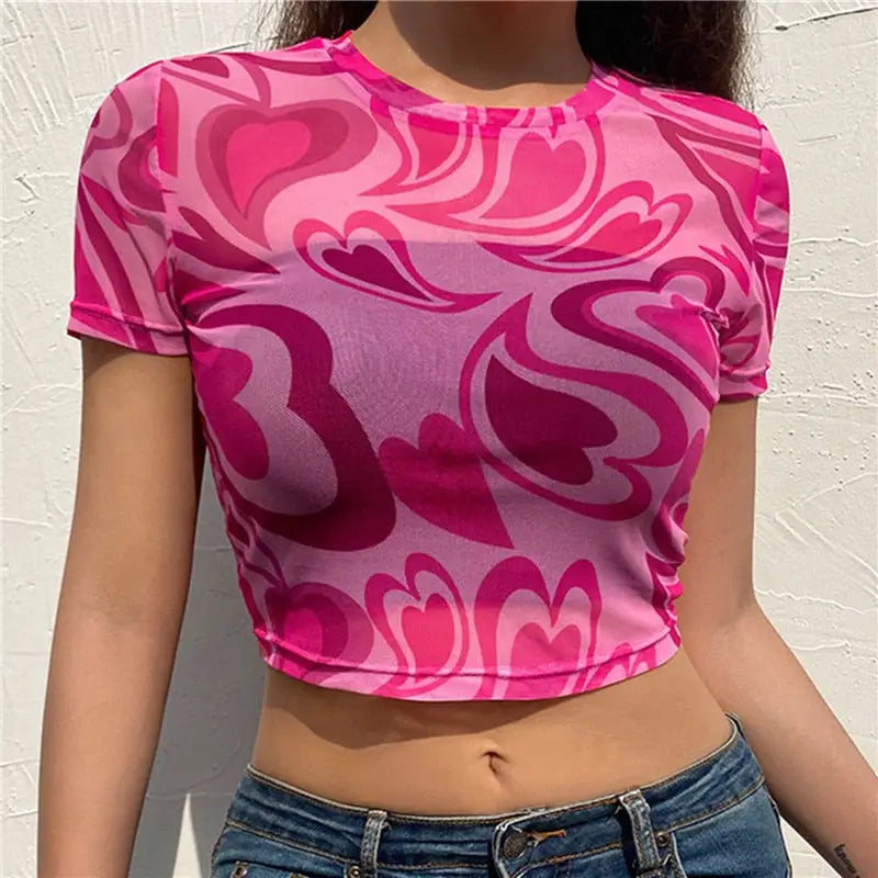 Heart Style Mesh Crop Top - Pink / S - urban wear crop top