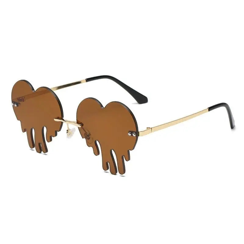 Heart Tear Shape Sunglasses Colorful Rimless - Brown