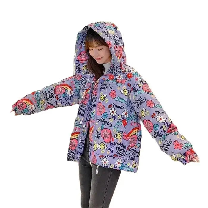 Hearts And Flowers Warm Hooded Oversized Jacket