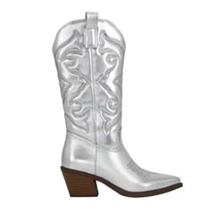 Heel Embroidered Zipper Cowgirl Western Boots - Silver / 36